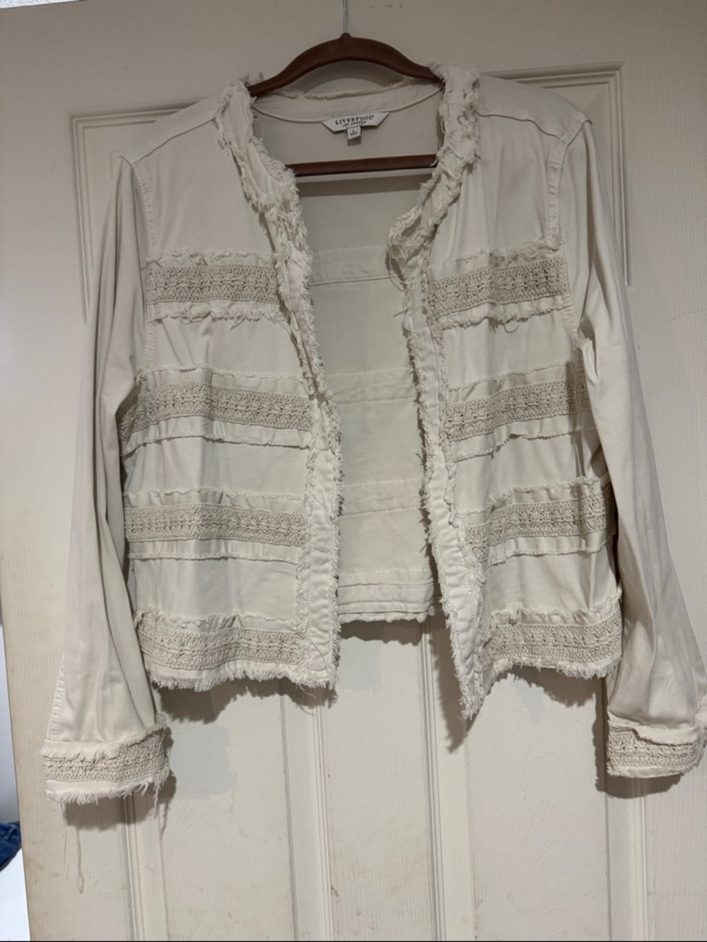 Liverpool Cream Fringe-Trim Open Front Jacket